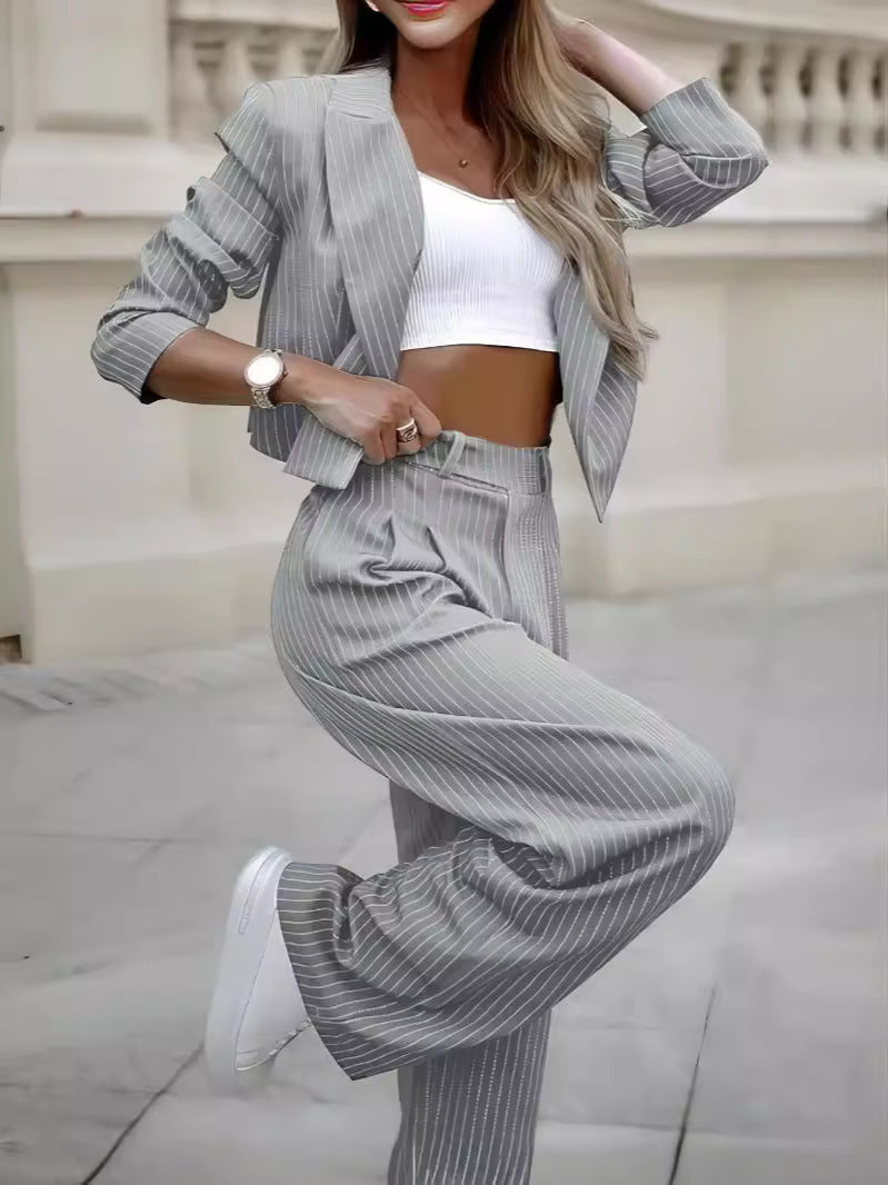 Fashion Striped Suits Casual Lapel Long Sleeve Cropped Top And Straight Pants Outfits Women's Clothing