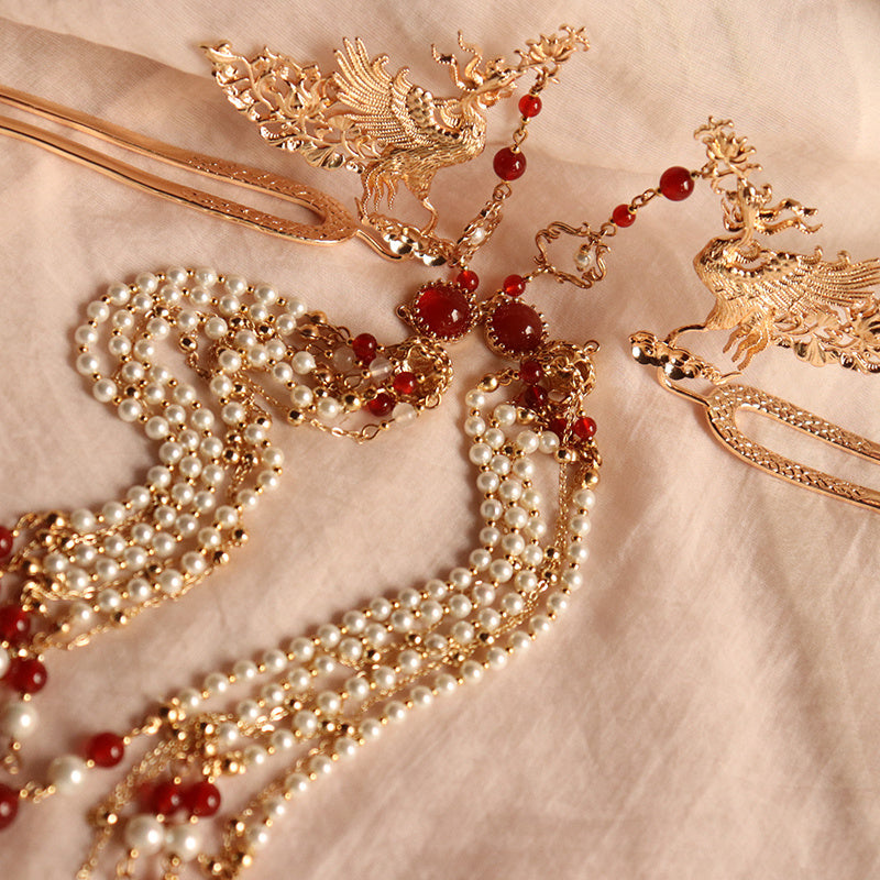 Gorgeous Archaistic Ancient Costume Pearl Tassel Phoenix Hairpin Hairpin Hairpin