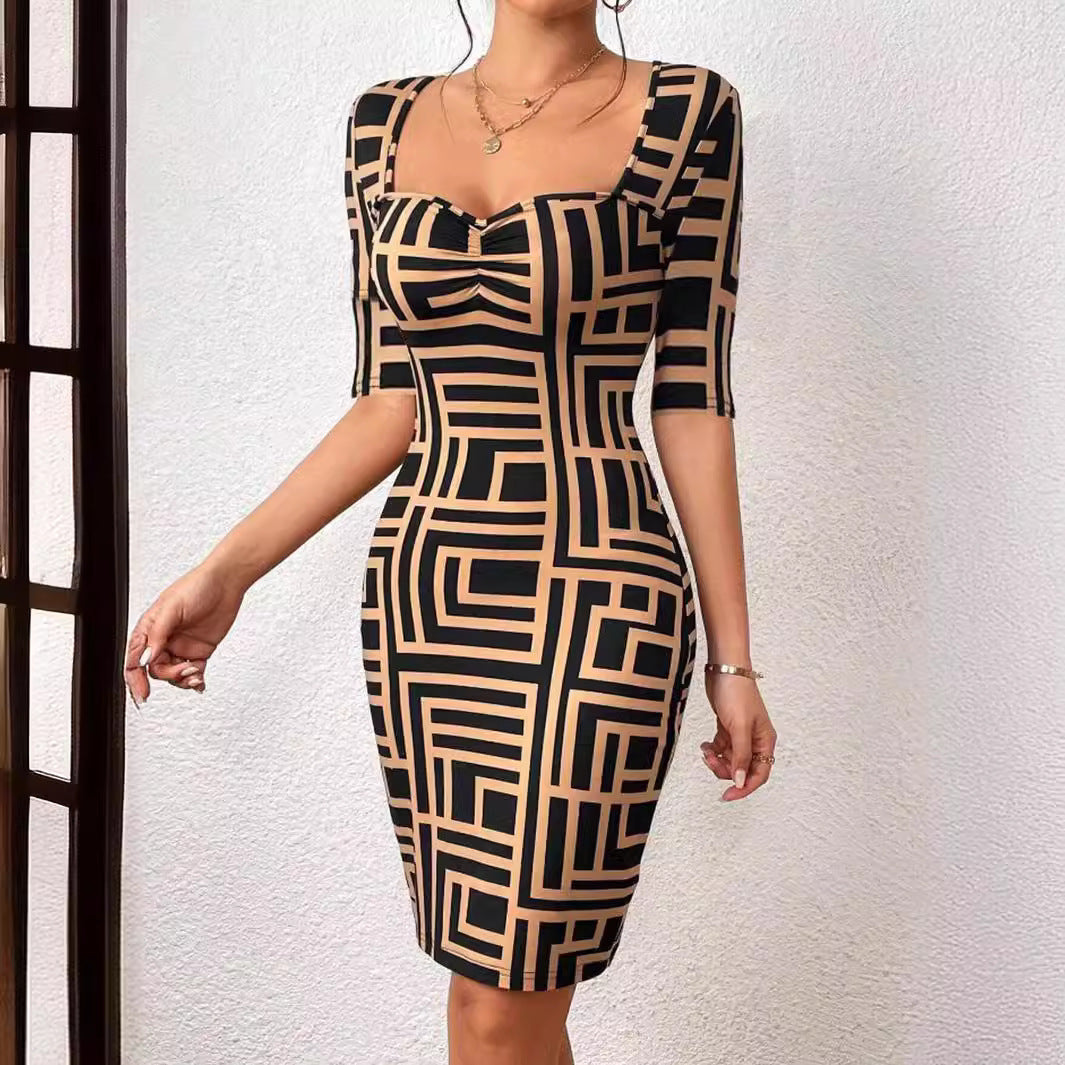 New Fashion Printed Square Collar Waist-tight Mid-sleeve Dress