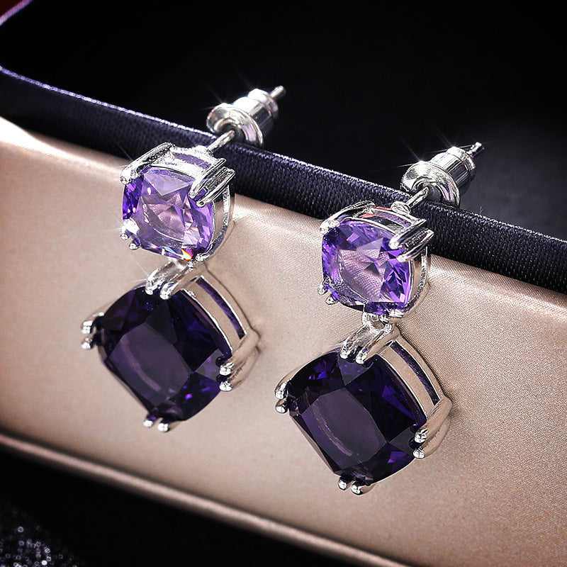 Elegant Mysterious Purple Square Zircon Earrings