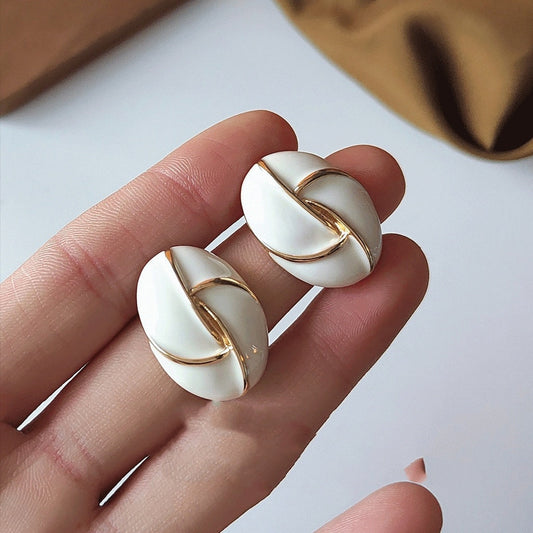 Cream 925 Silver Needle Plated 14K Drip Glazed Oval Geometric Ear Studs